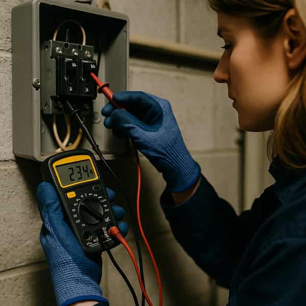 Elektrikerin in Boder misst Spannung mit einem Multimeter in einem Schaltschrank