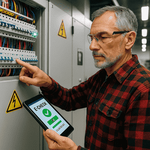 Elektriker in Boder führt E-Check an einem Schaltschrank mit Tablet durch