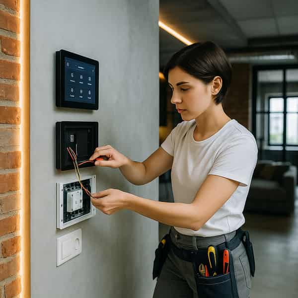 Elektriker in Boder installiert ein Smart-Home-Bedienfeld an der Wand