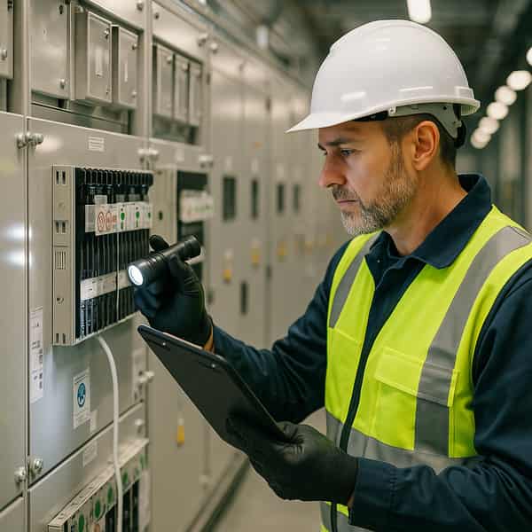 Elektriker in Boder inspiziert Schaltschrank mit Taschenlampe und Tablet