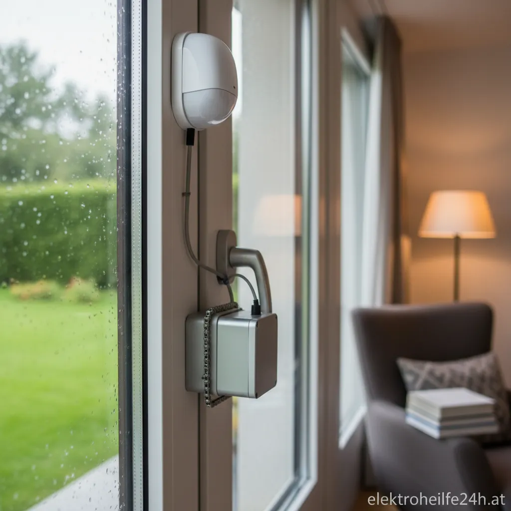Eine moderne Fenstersteuerung mit einem an der Außenseite montierten Regensensor.