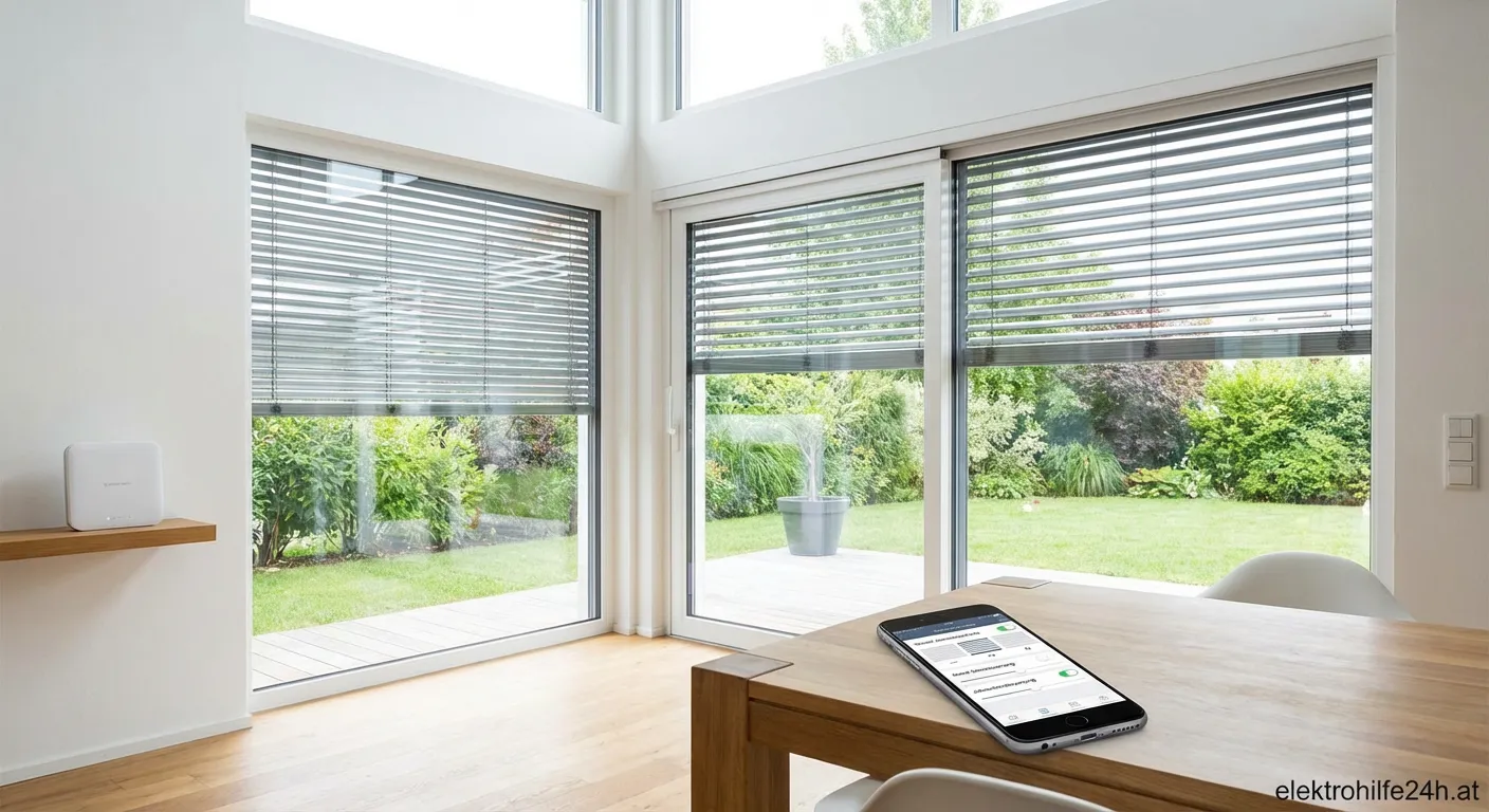 Moderne automatische Jalousiensteuerung im Wohnzimmer bei Sonnenschein