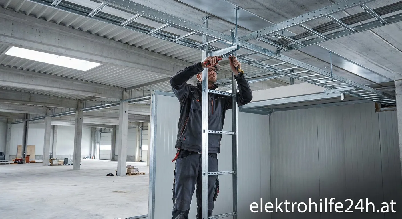 Monteur bei der Kabelleitern Montage in einer Industriehalle
