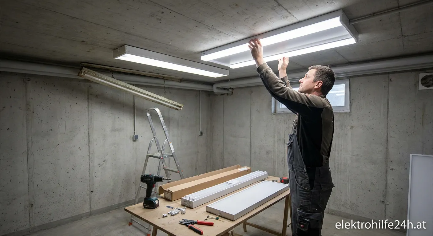 Moderner Kellerraum mit neuer heller LED-Beleuchtung an der Decke
