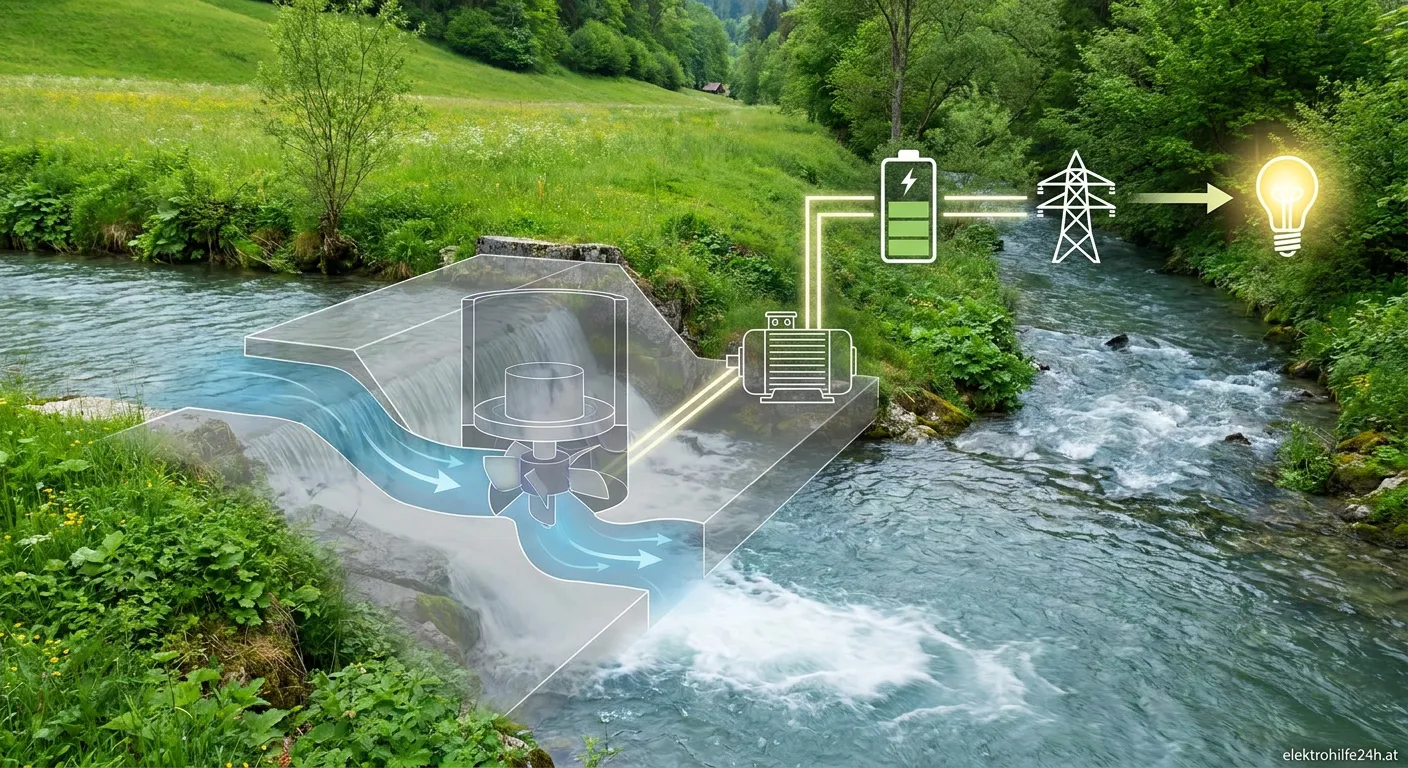 Moderne Kleinwasserkraft Durchlaufanlage am Flussufer