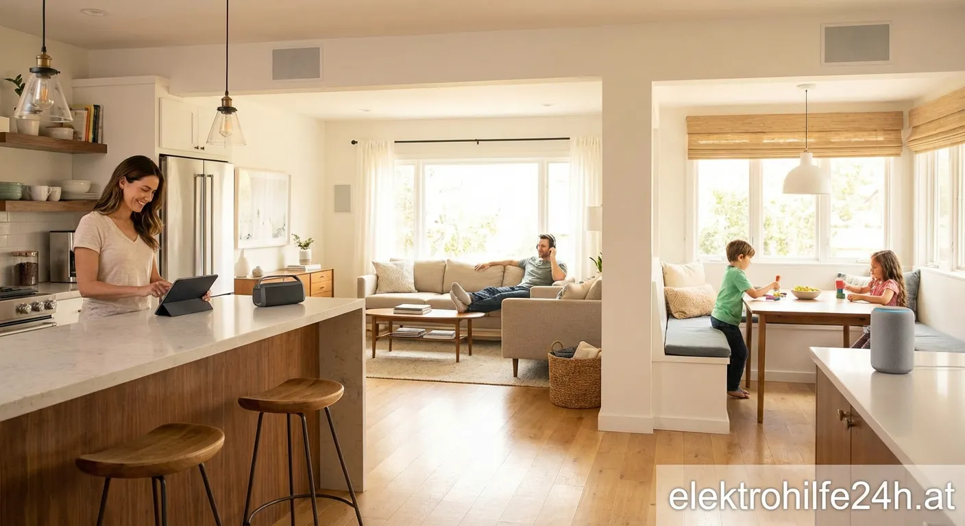 Modernes Wohnzimmer mit Multiroom-Audio Lautsprechersystem und Tablet-Steuerung