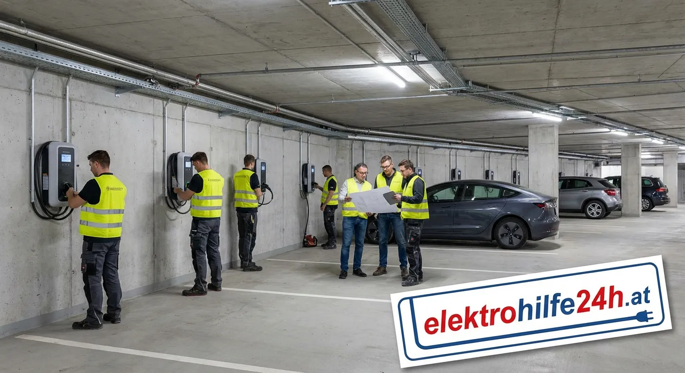 Moderne Parkhaus-Ladeinfrastruktur mit mehreren Wallboxen und E-Autos