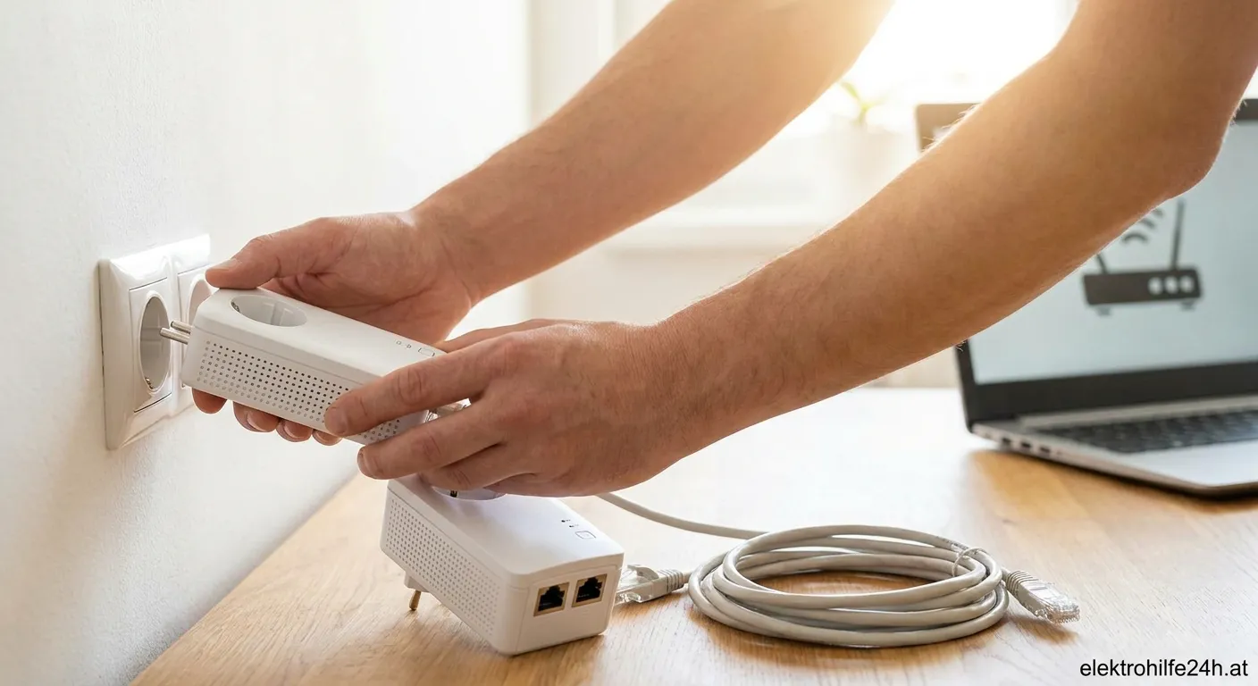 Powerline-Adapter mit Ethernet-Anschlüssen an einer Wandsteckdose