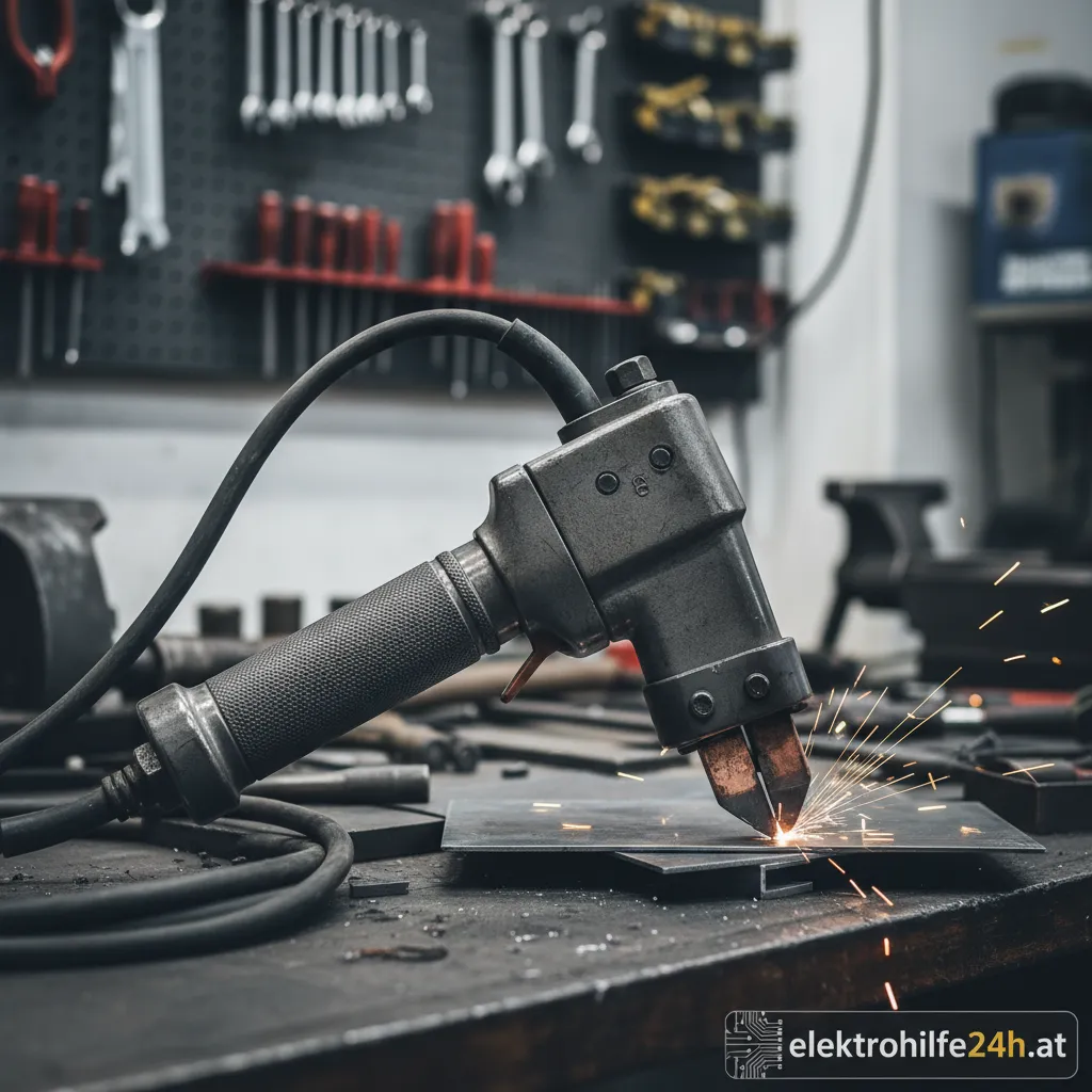 Eine moderne Punktschweißzange wird an einem Metallblech angesetzt