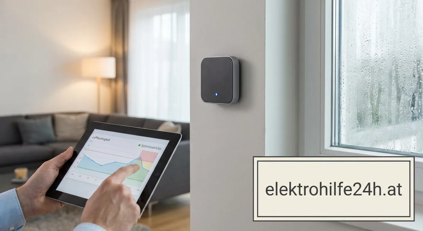 Schimmelwarner Feuchtigkeit mit digitaler Anzeige auf einem Tisch