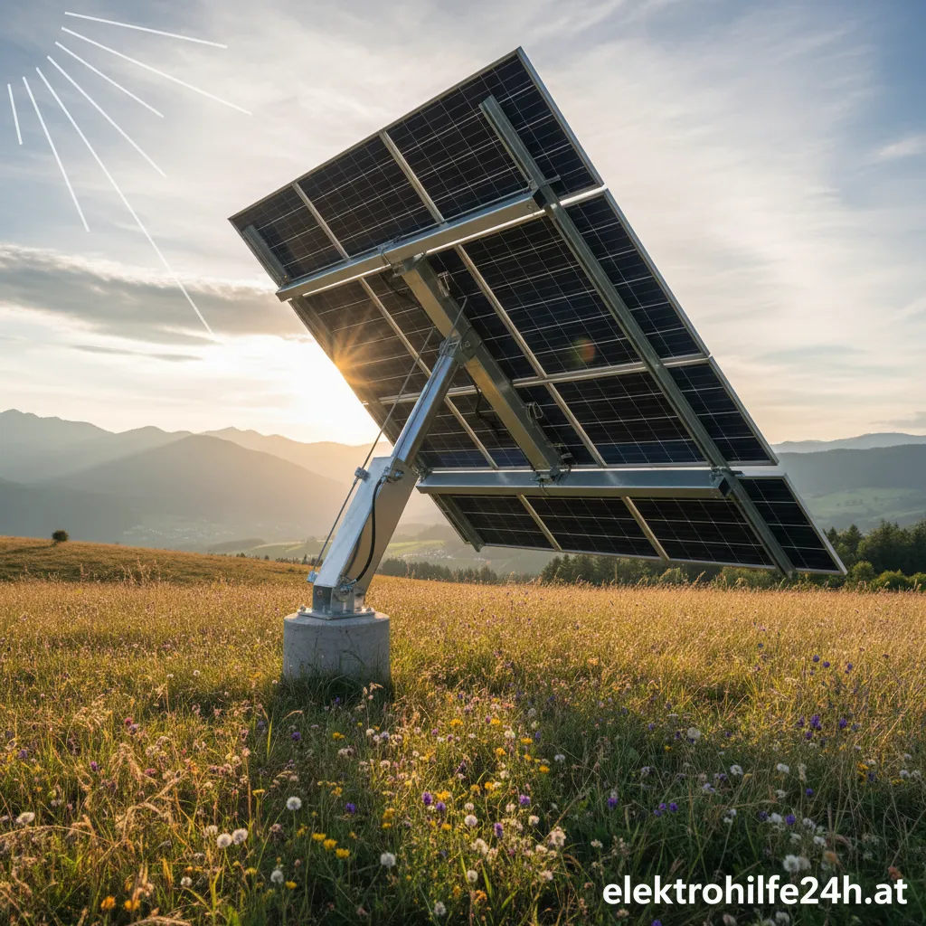Einachsiger Solartracker auf einem Feld bei Sonnenuntergang
