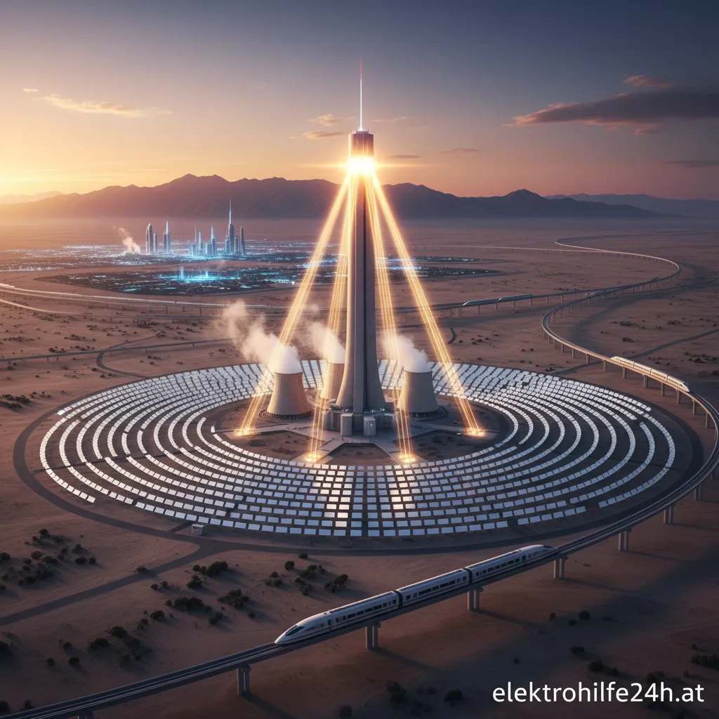Ein hohes Solarturm-Kraftwerk in einer Wüstenlandschaft