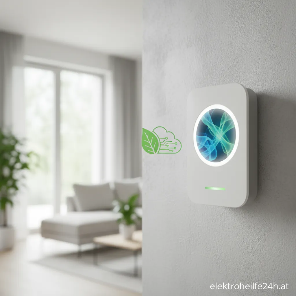 Moderner VOC-Sensor zur Messung der Raumluftqualität an einer Wand montiert.