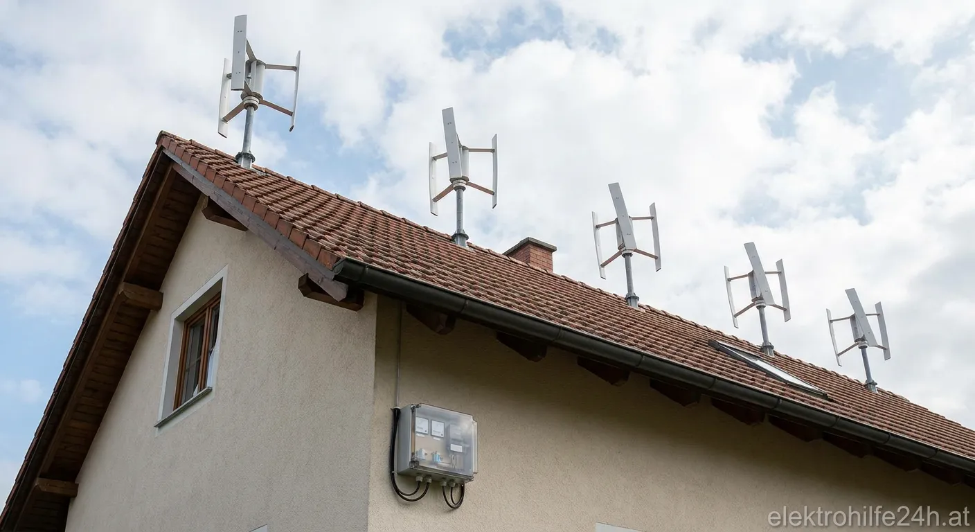 Windkraftanlage auf einem Hausdach mit rotierenden Flügeln